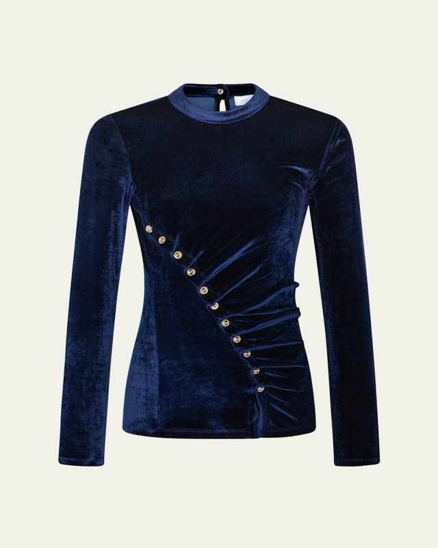 Ruched Velvet Long-Sleeve Top